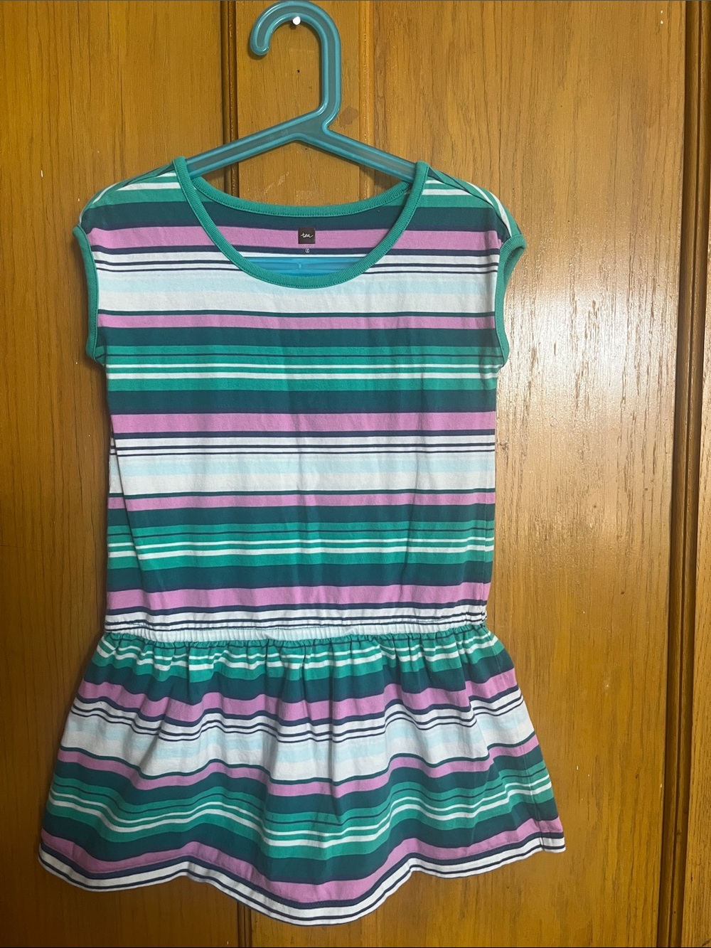 Tea Collection size 5Girls' Striped Teal, Pink & White Casual Short Sleeve Dress